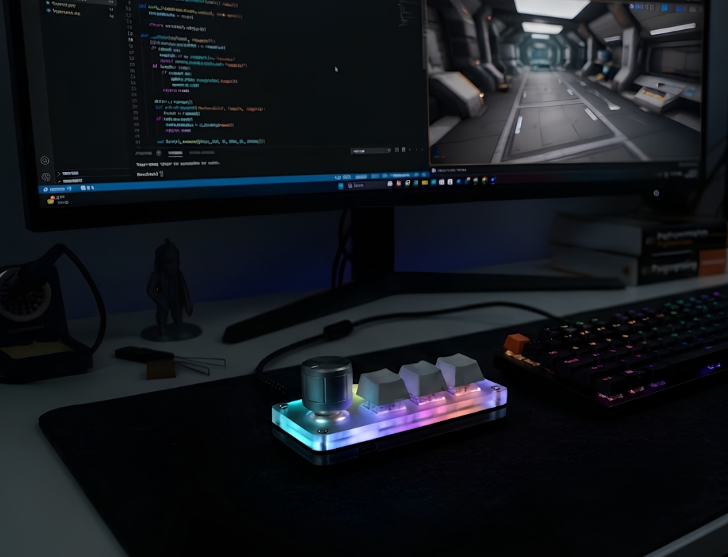 AIcode Tool sulla scrivania accanto al monitor con VS Code e Claude Code